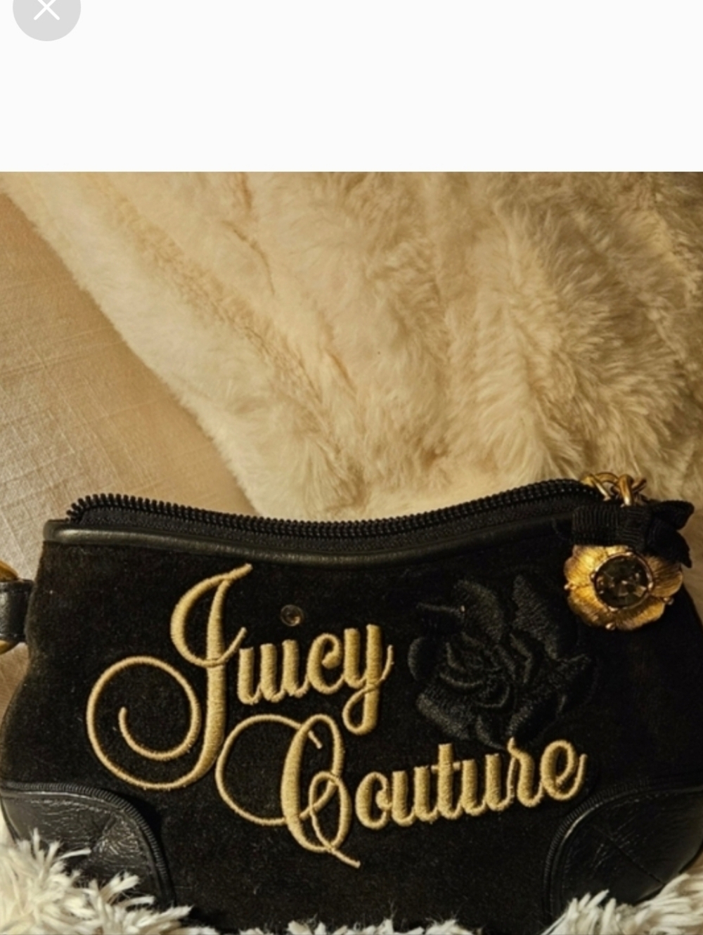 Juicy Couture Y2K Black Velvet Wristlet Clutch with Black Gemstone Charm & Bow
